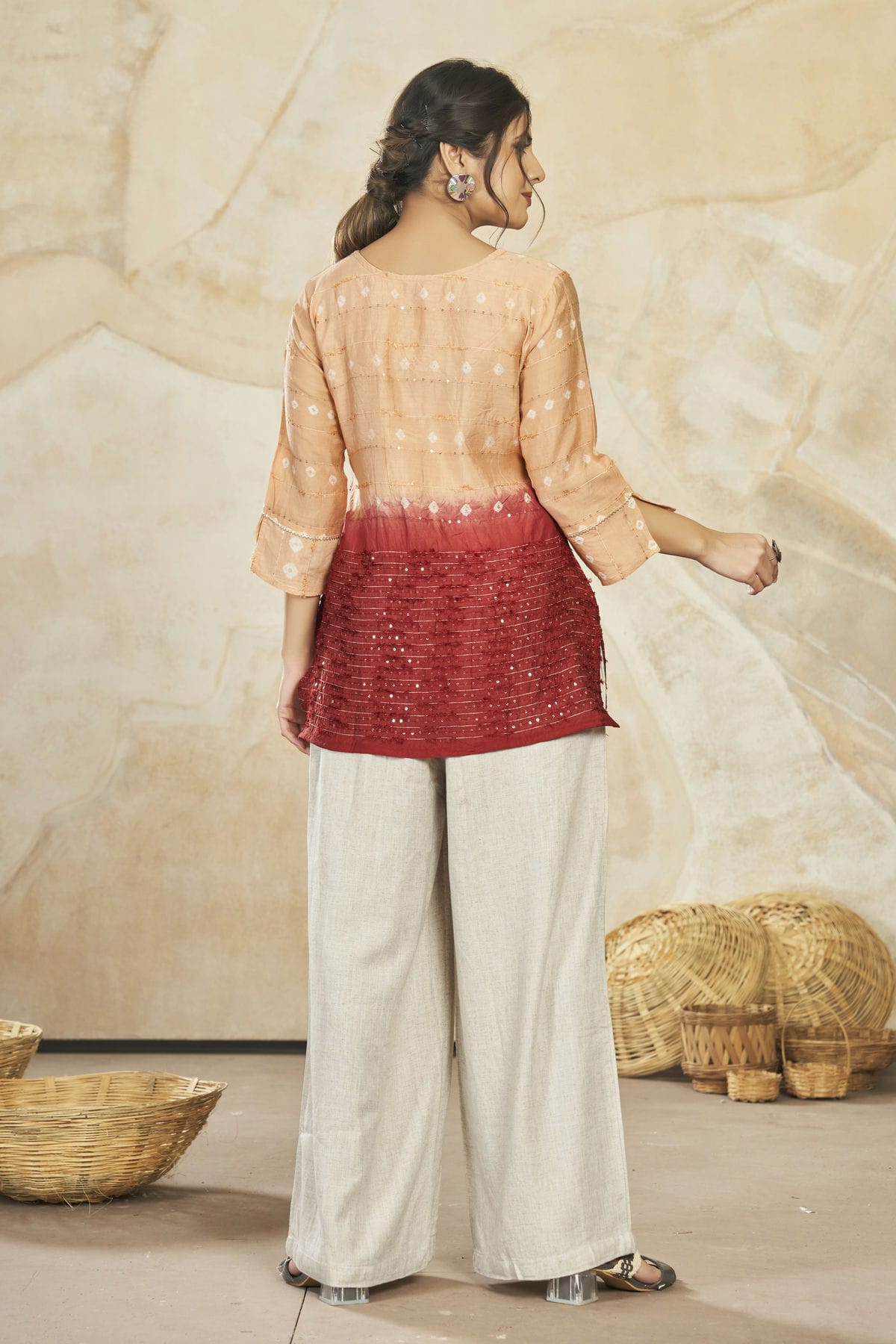 Peach Colour Modal Silk Sequins Work Work Readymade Top