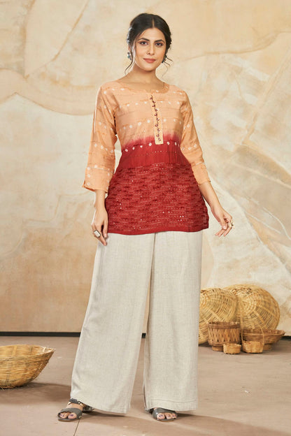 Peach Colour Modal Silk Sequins Work Work Readymade Top