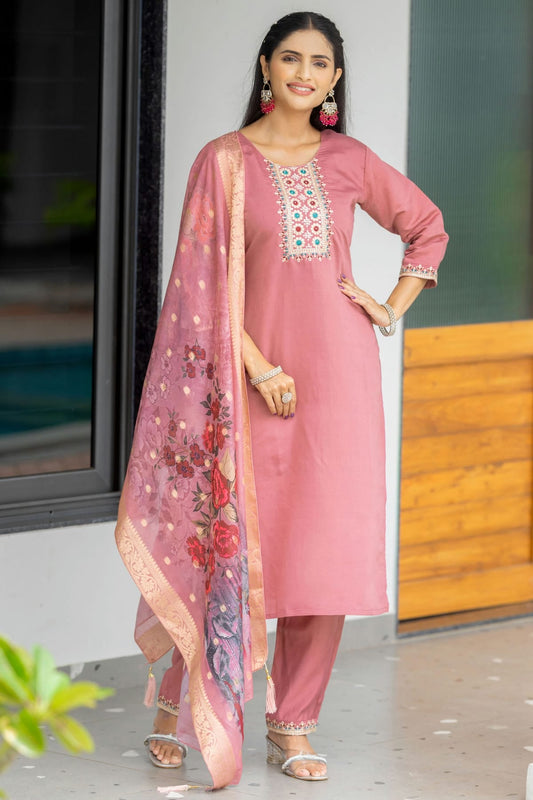 Peach Colour Modal Silk Stitched Suit