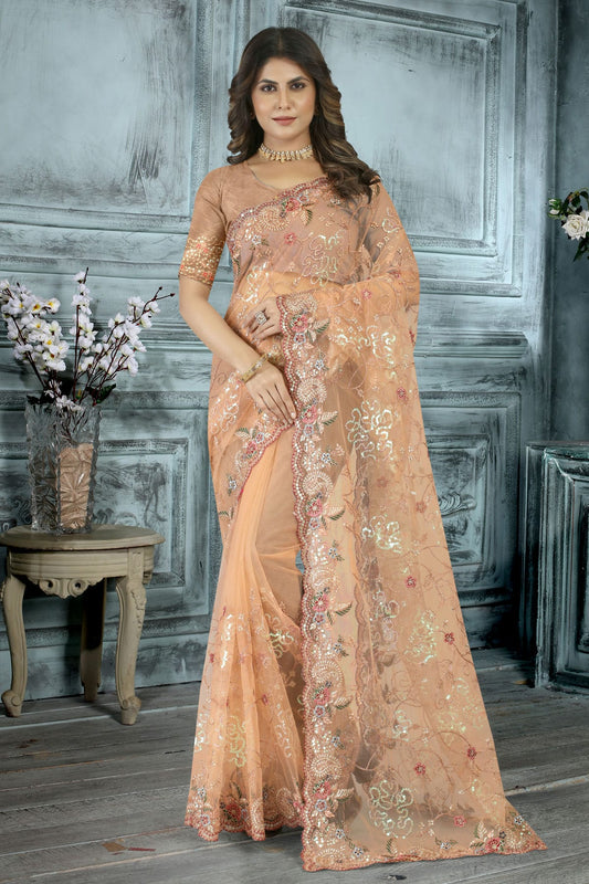 Peach Colour Net Designer Saree