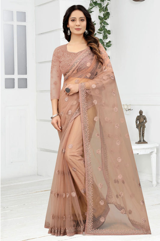 Peach Colour Net Designer Saree