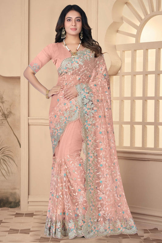 Peach Colour Net Designer Saree