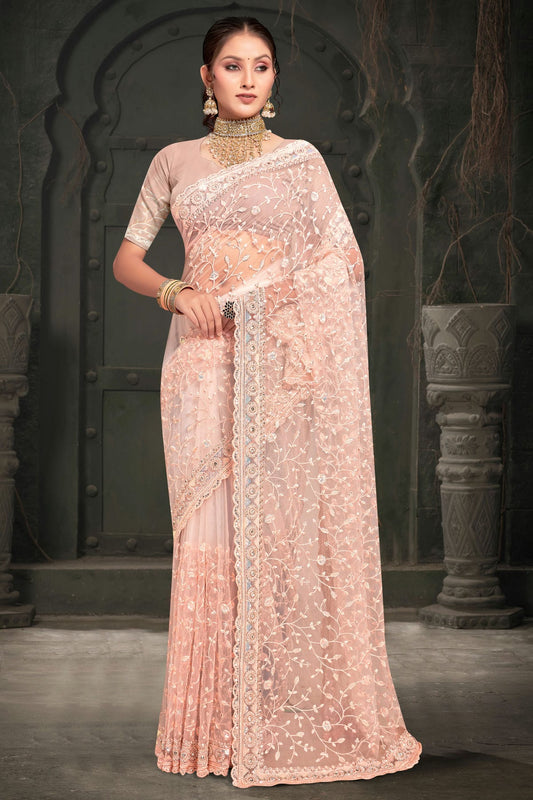 Peach Colour Net Designer Saree