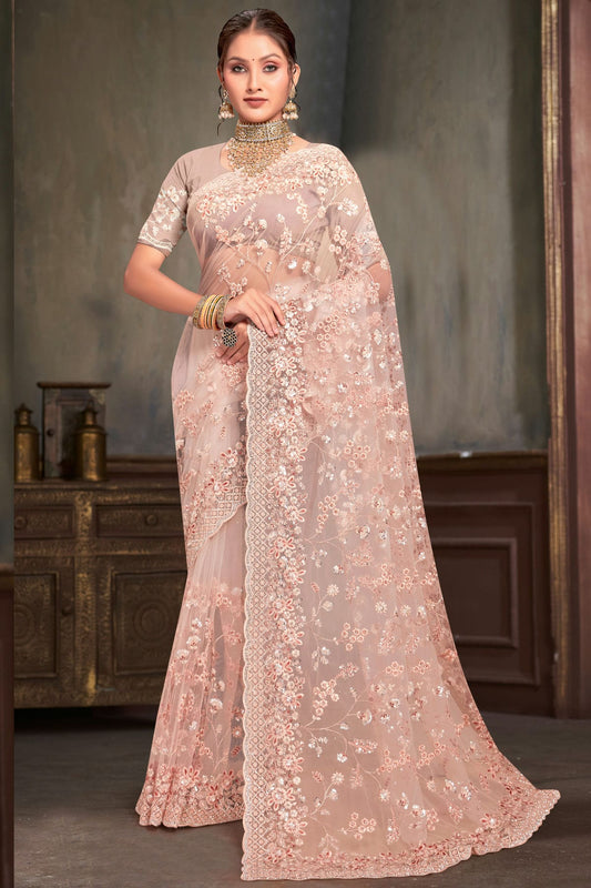 Peach Colour Net Designer Saree