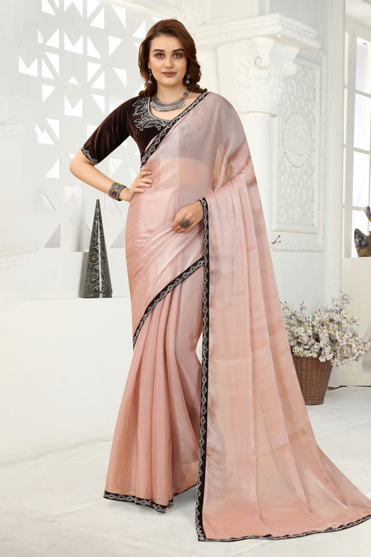 Peach Colour Organza Designer Saree