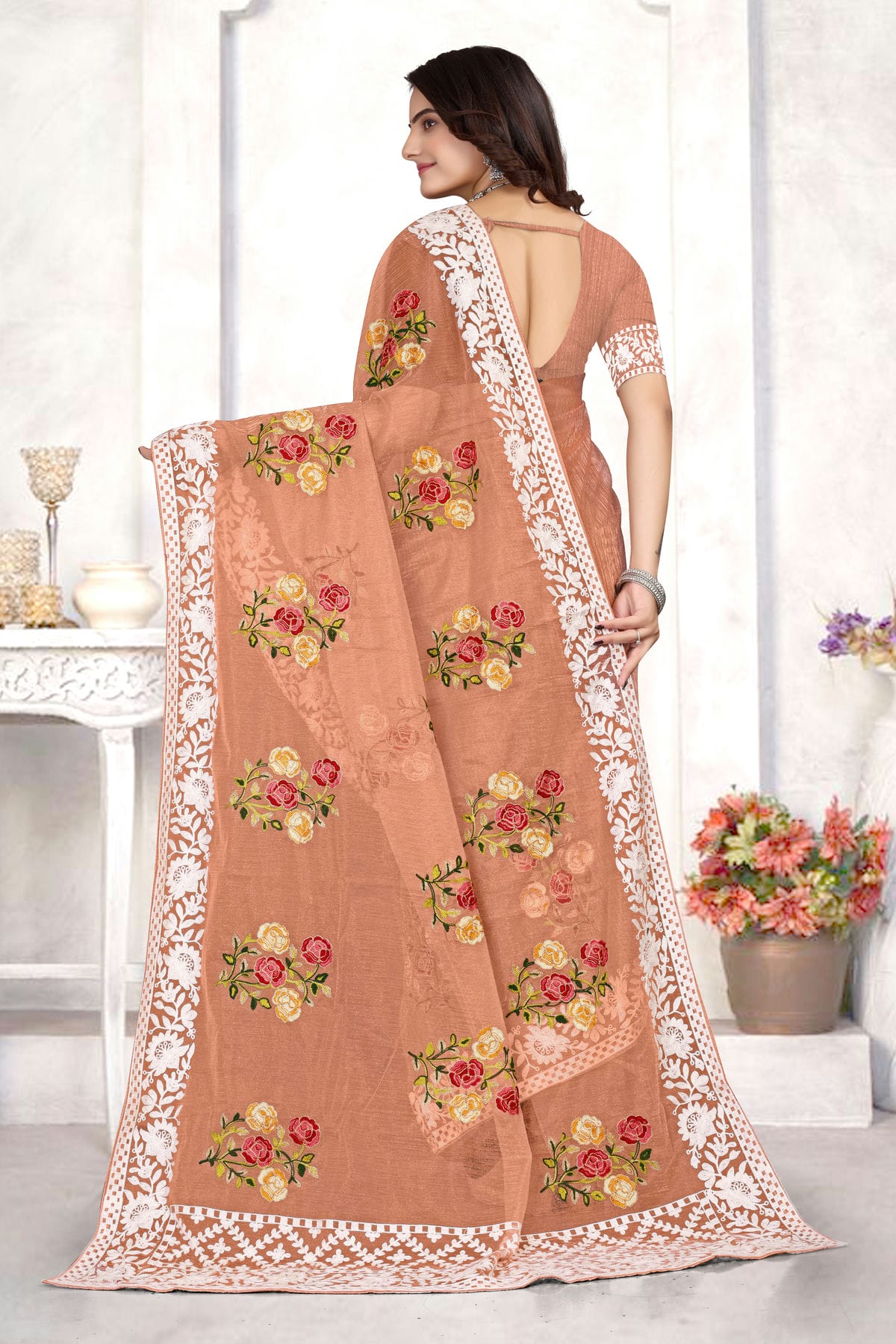 Peach Colour Organza Designer Saree