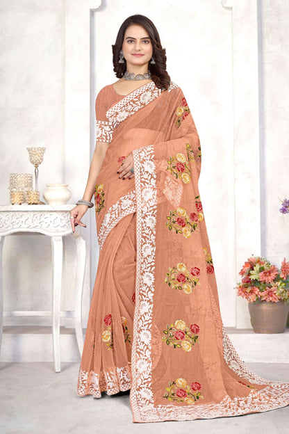 Peach Colour Organza Designer Saree