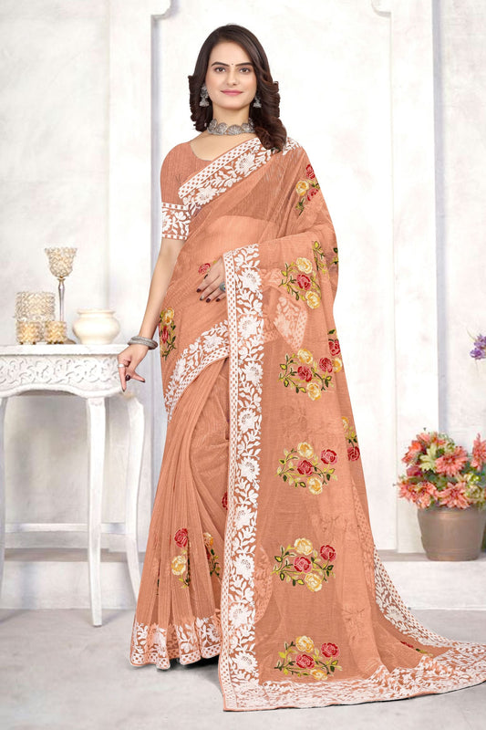 Peach Colour Organza Designer Saree