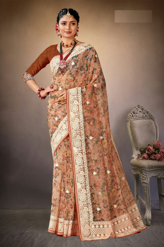 Peach Colour Organza Printed Saree