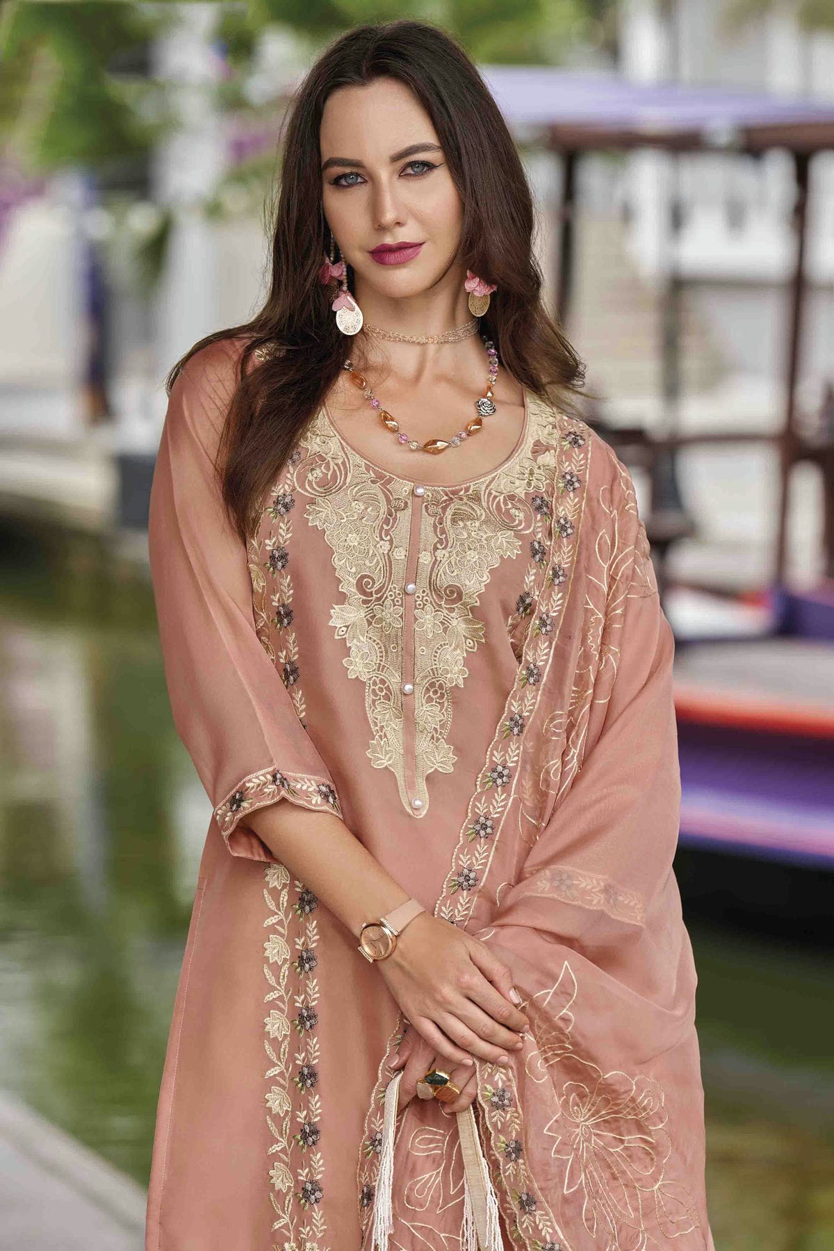 Peach Colour Organza Stitched Pakistani Suit VSSS1140761