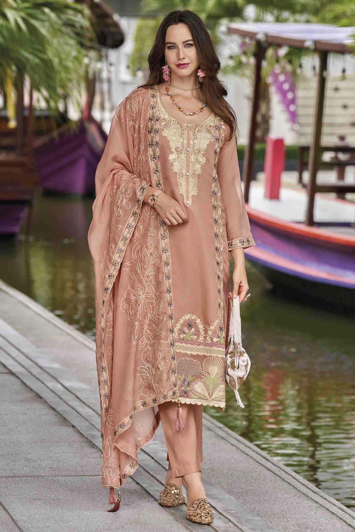 Peach Colour Organza Stitched Pakistani Suit VSSS1140761