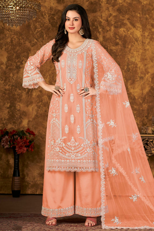 Peach Colour Plazoo Pant Suit Net Semi Stitched