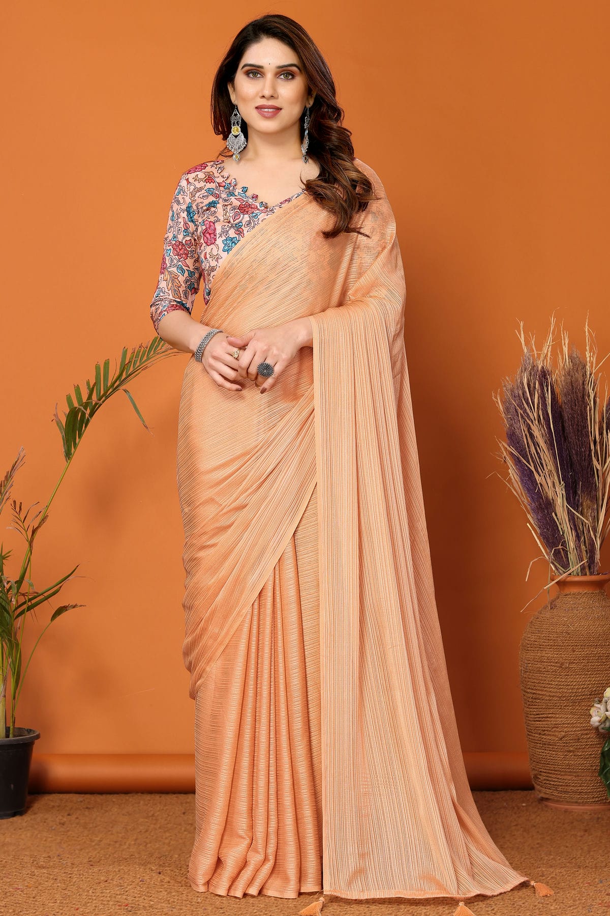 Peach Colour Polyester Printed Saree