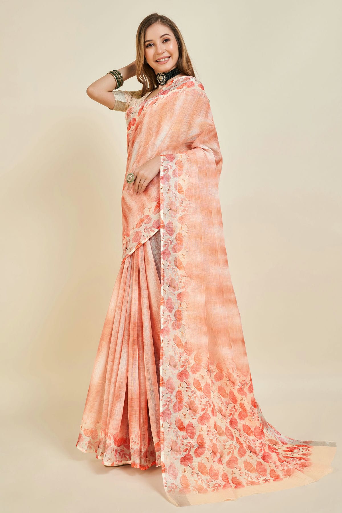 Peach Colour Printed Work Linen Saree