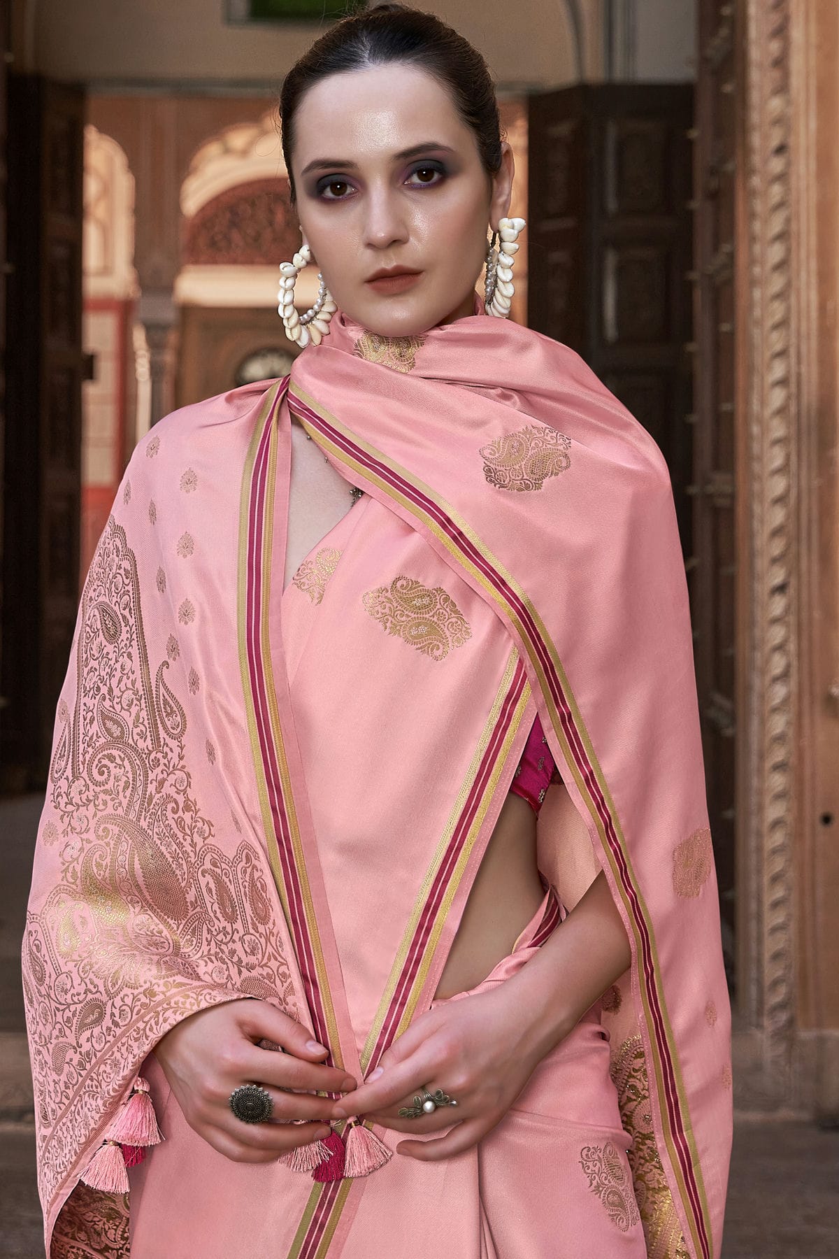 Peach Colour Satin Silk Saree