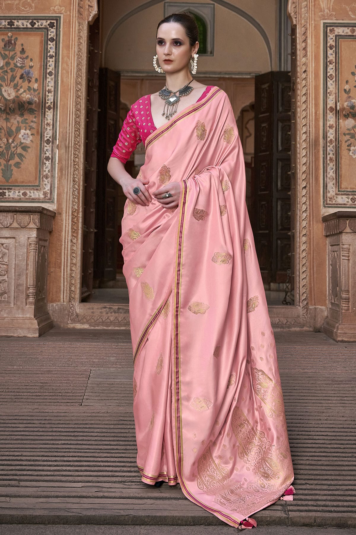 Peach Colour Satin Silk Saree