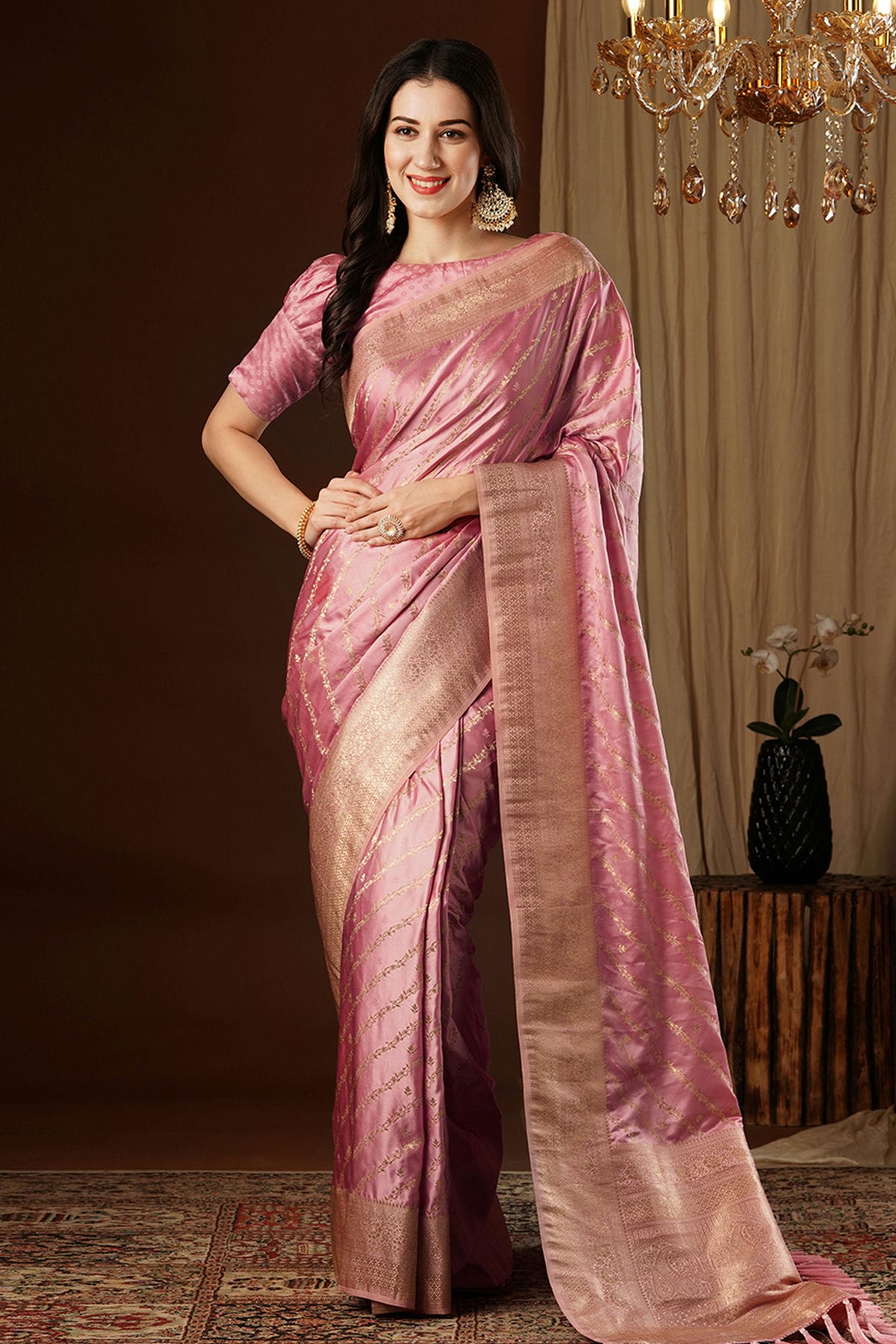 Peach Colour Satin Silk Traditional Saree