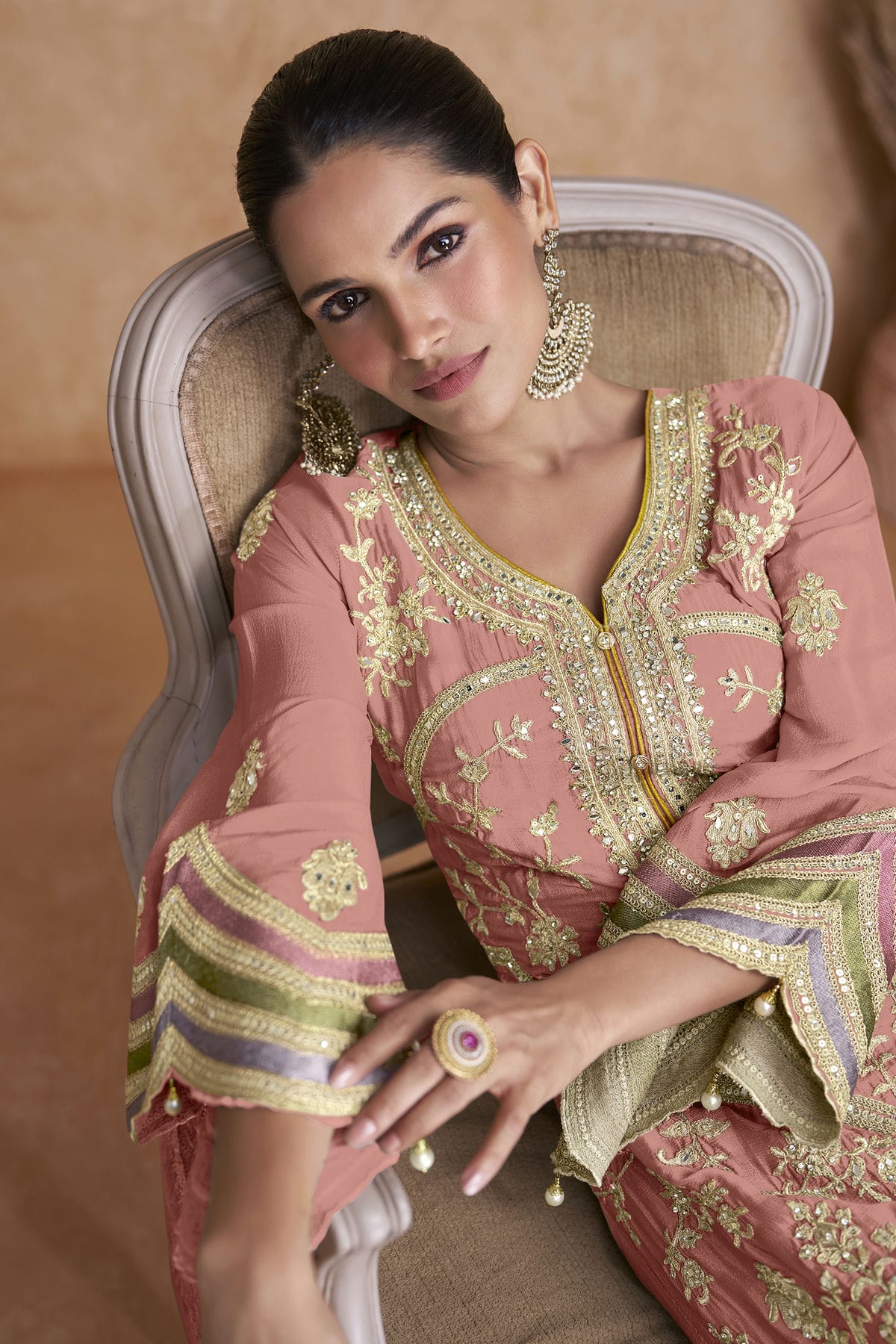 Peach Colour Semi Stitched Chinon Pakistani Suit