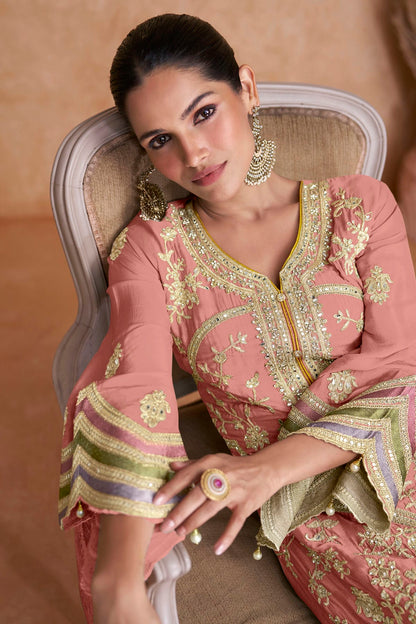 Peach Colour Semi Stitched Chinon Pakistani Suit