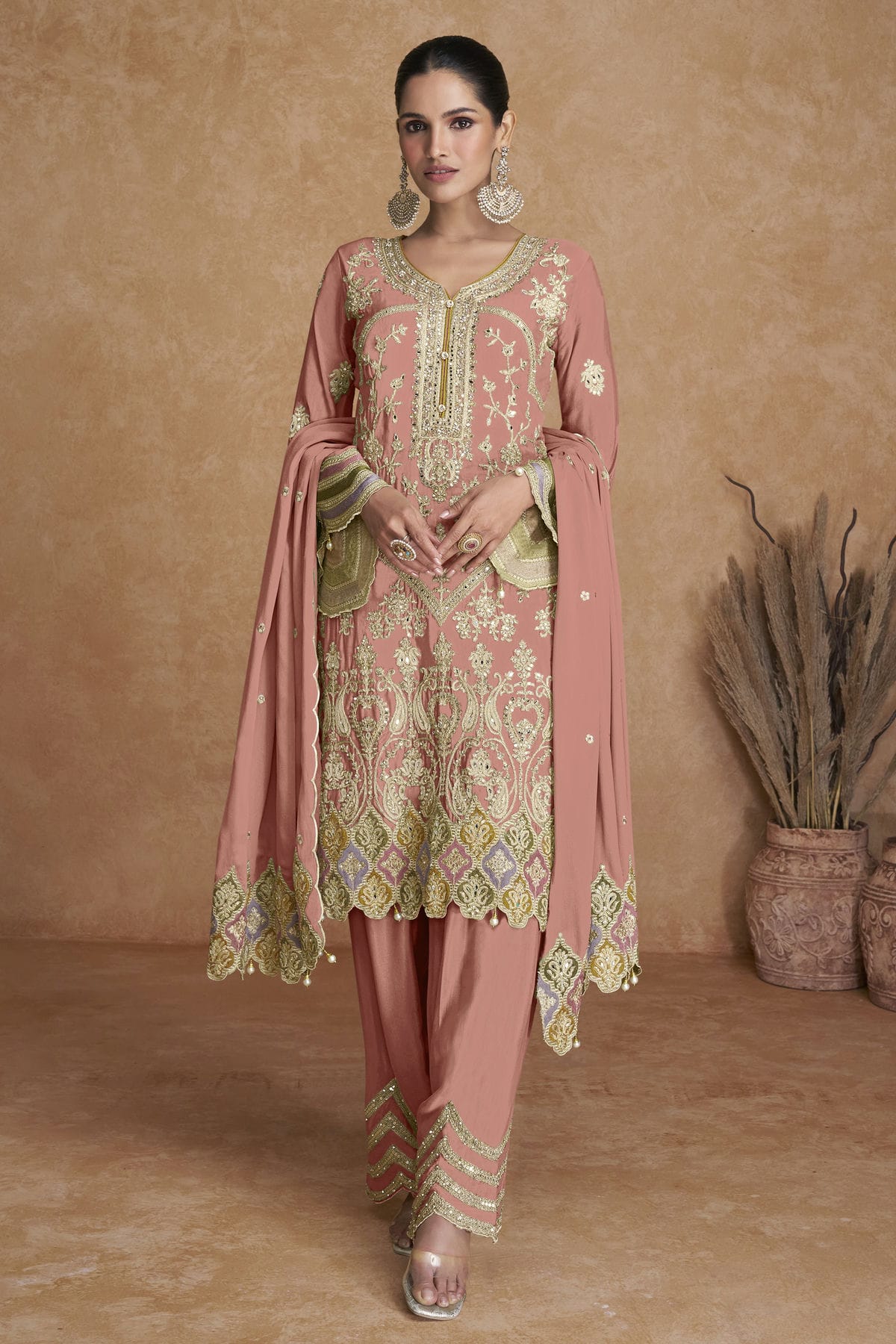 Peach Colour Semi Stitched Chinon Pakistani Suit