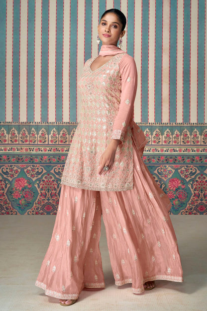 Peach Colour Semi Stitched Chinon Silk Palazzo Pant Suit