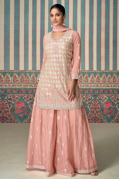 Peach Colour Semi Stitched Chinon Silk Palazzo Pant Suit