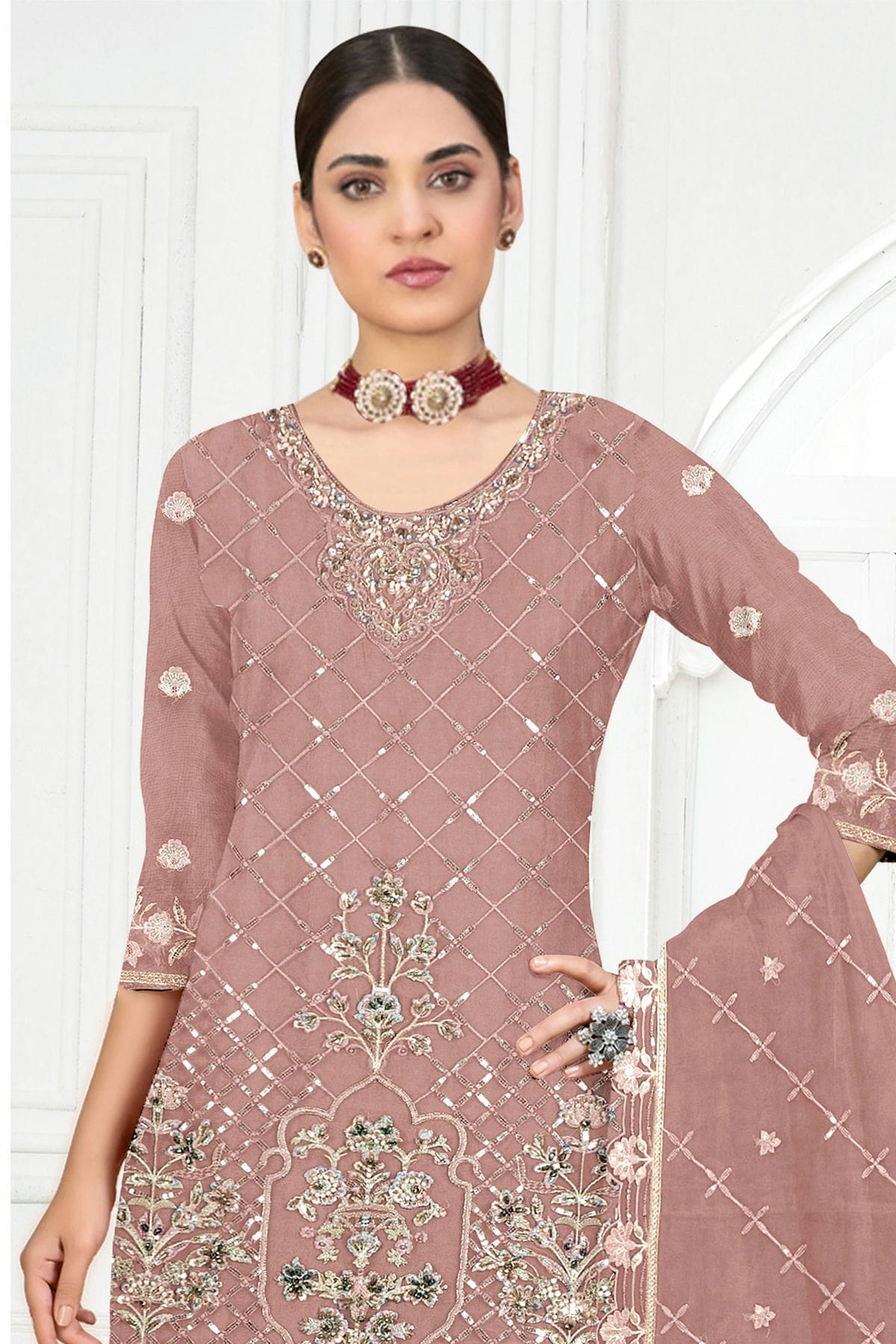 Peach Colour Semi Stitched Faux Georgette Pakistani Suit