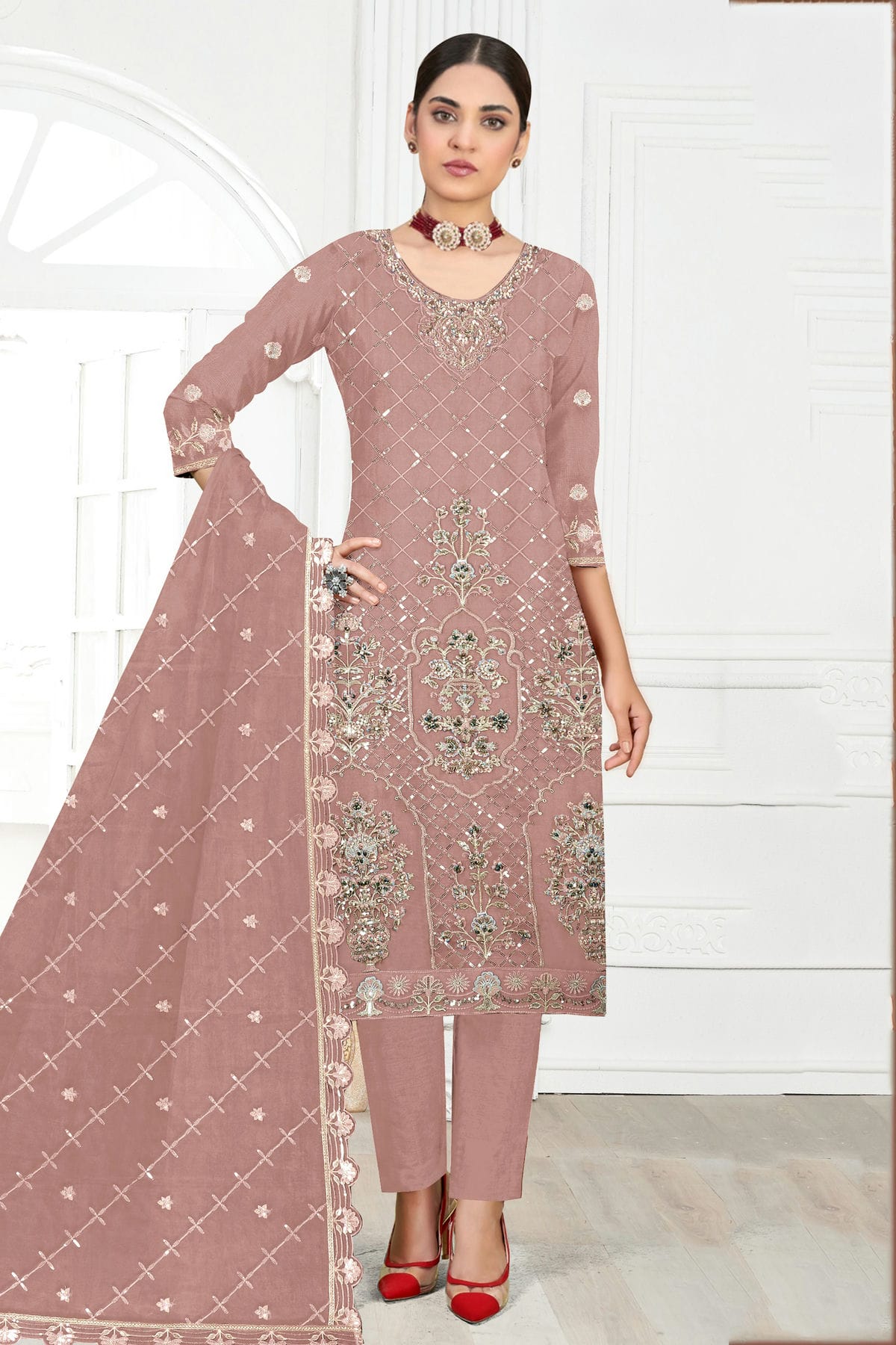 Peach Colour Semi Stitched Faux Georgette Pakistani Suit