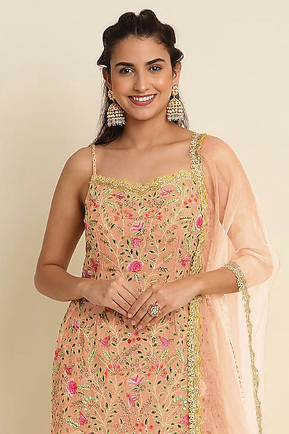 Peach Colour Semi Stitched Faux Georgette Sharara Suit