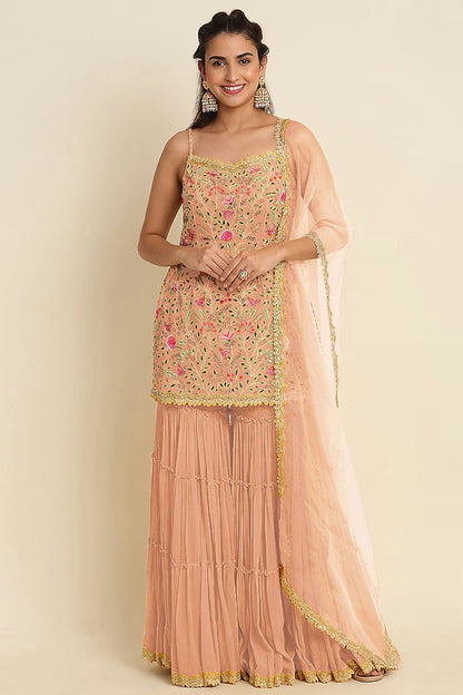 Peach Colour Semi Stitched Faux Georgette Sharara Suit