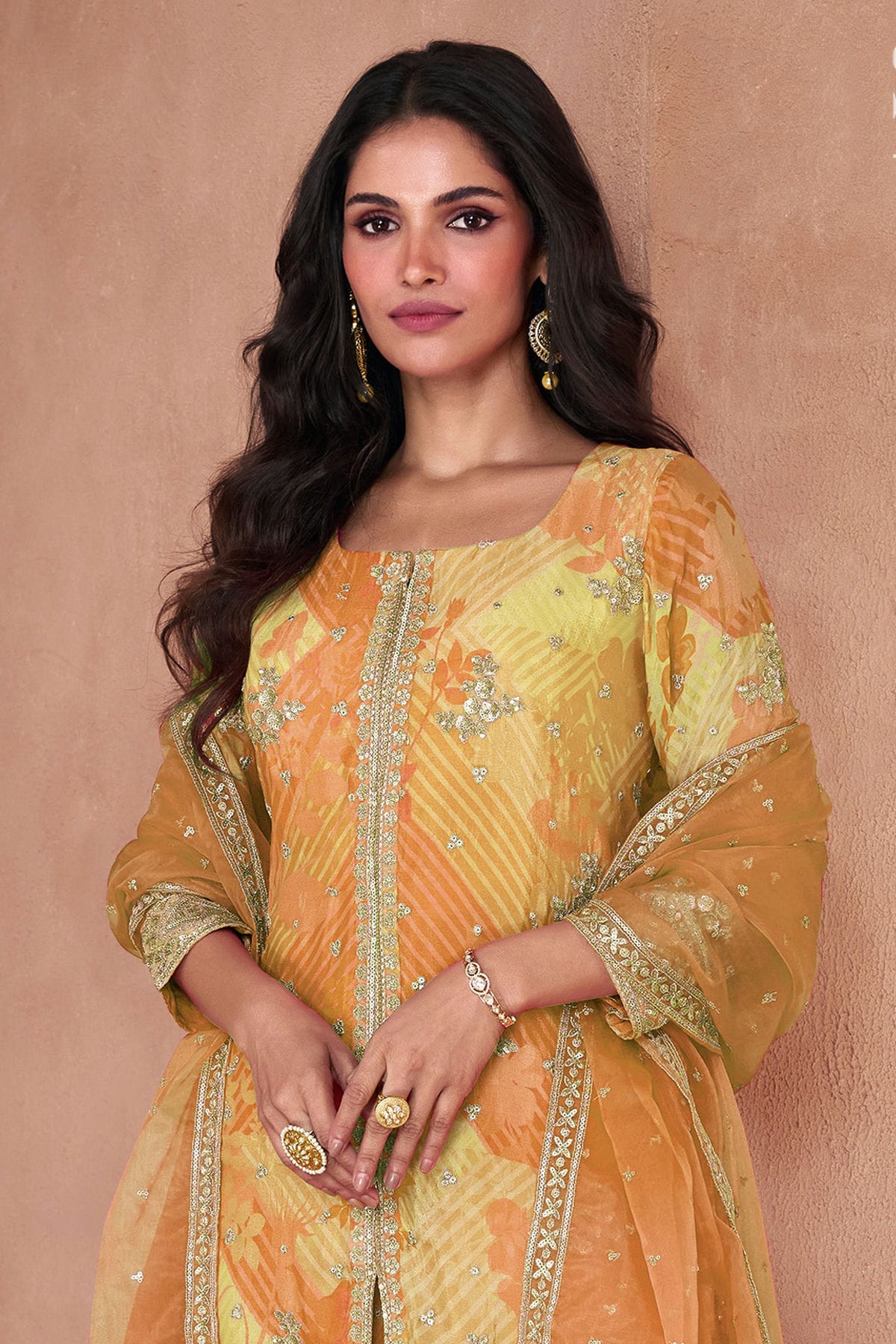 Peach Colour Semi Stitched Faux Georgette Sharara Suit