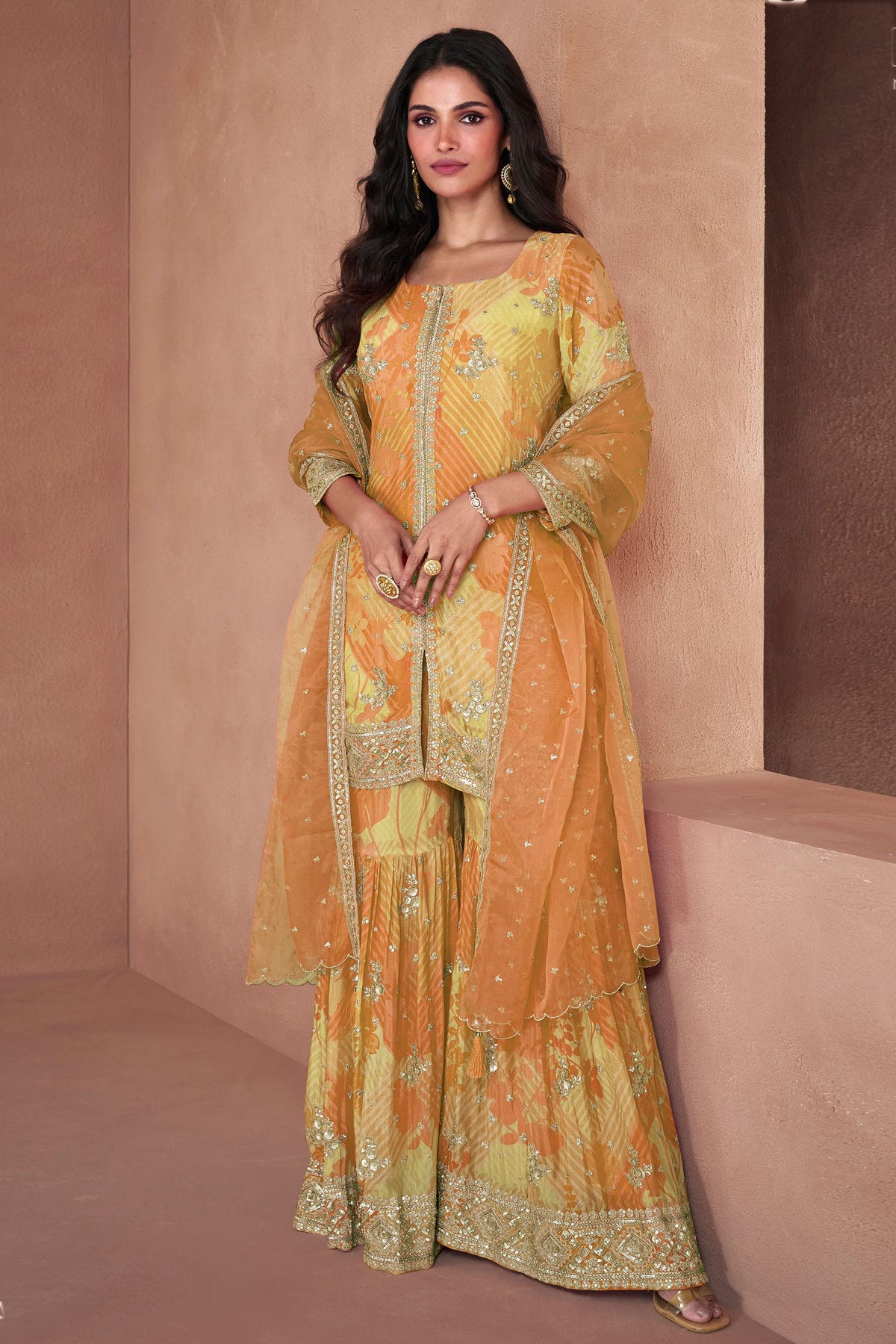 Peach Colour Semi Stitched Faux Georgette Sharara Suit