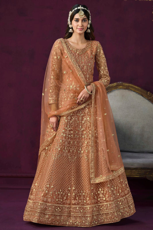 Peach Colour Semi Stitched Net Anarkali Suit