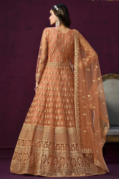 Peach Colour Semi Stitched Net Anarkali Suit