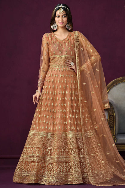 Peach Colour Semi Stitched Net Anarkali Suit