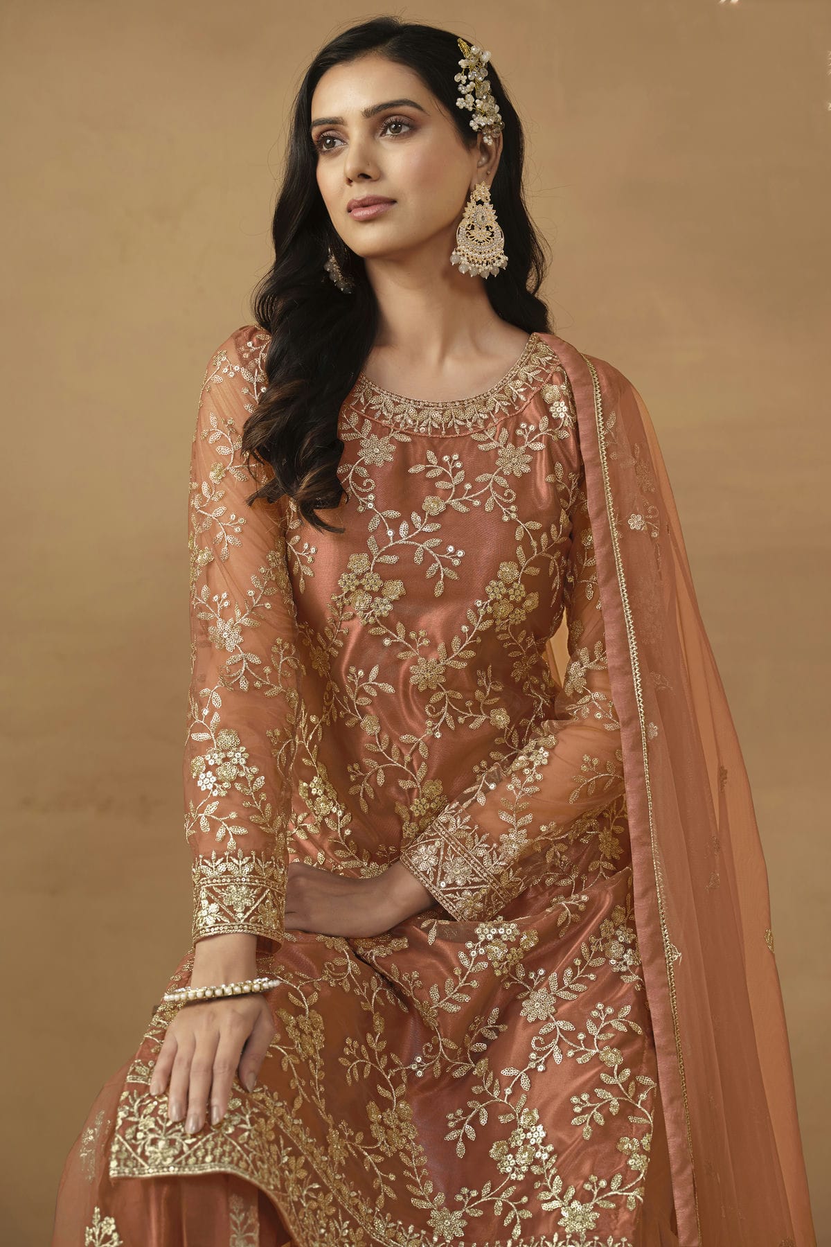 Peach Colour Semi Stitched Net Sharara Suit