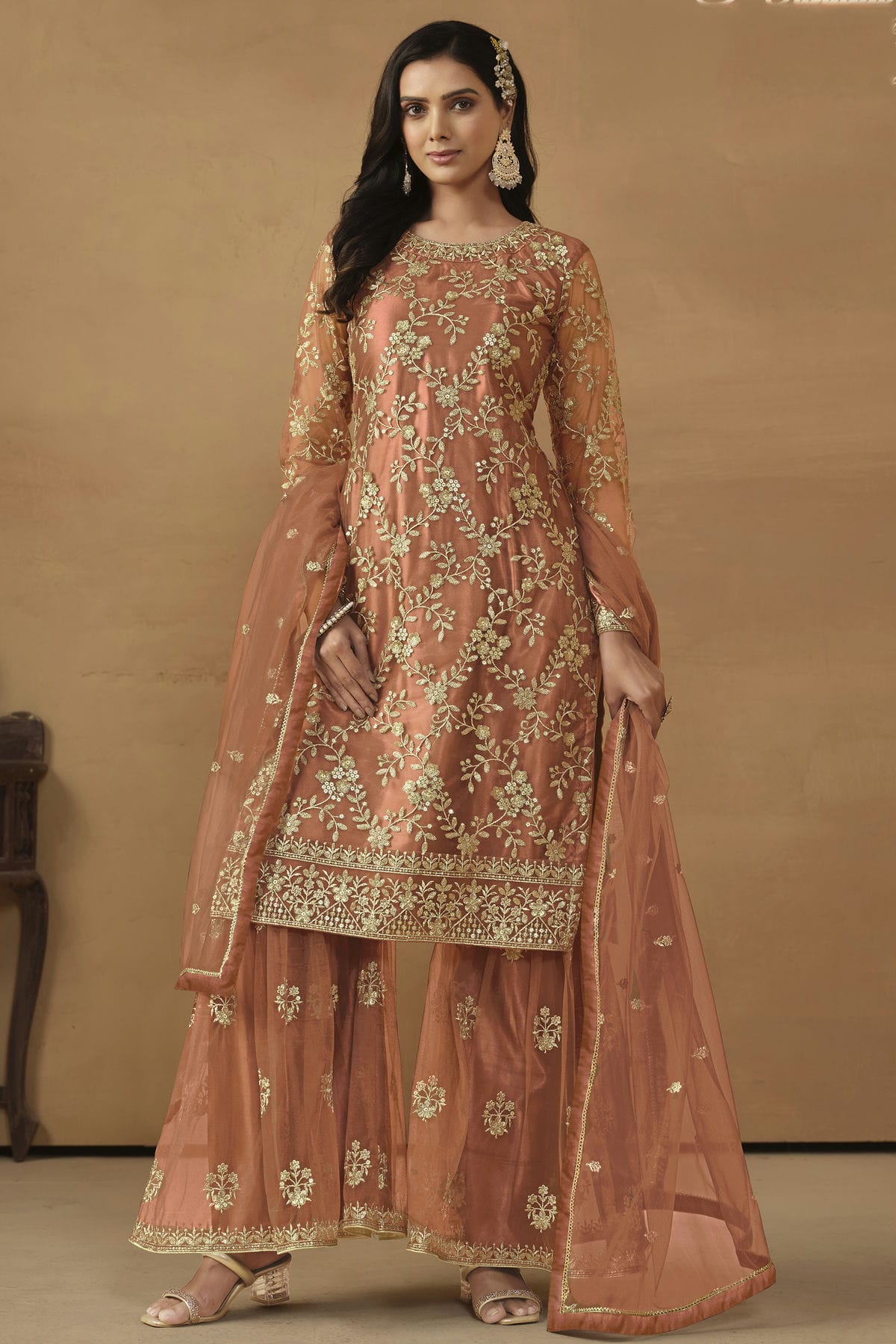 Peach Colour Semi Stitched Net Sharara Suit