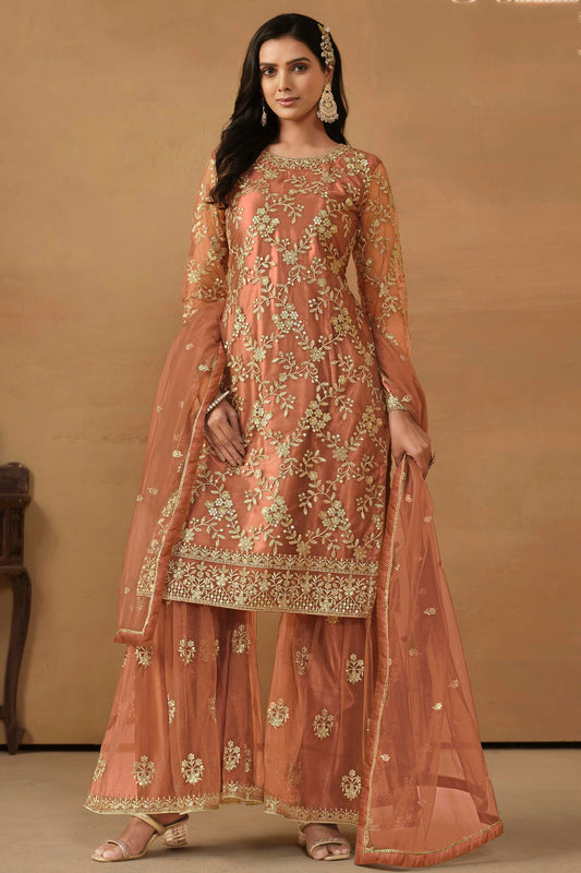 Peach Colour Semi Stitched Net Sharara Suit