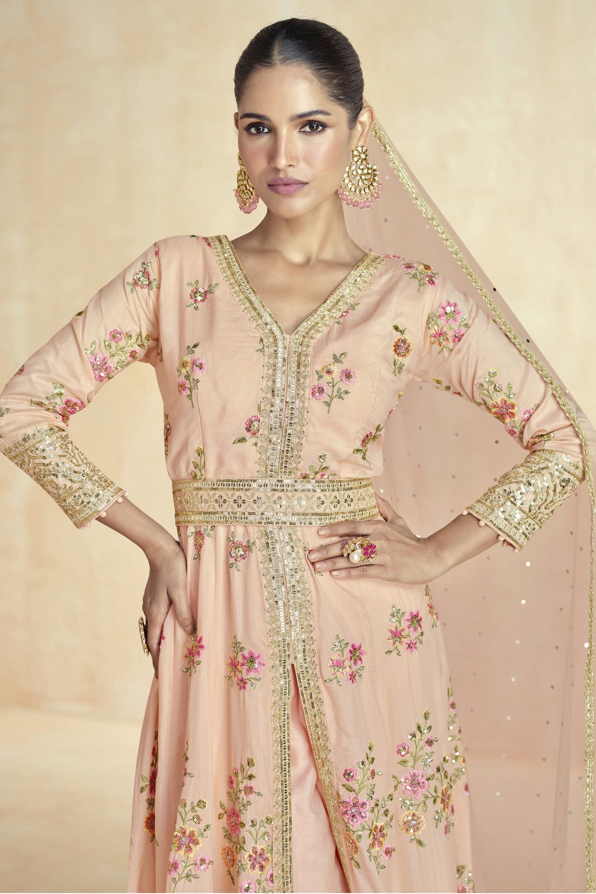 Peach Colour Semi Stitched Silk Pant Style Suit