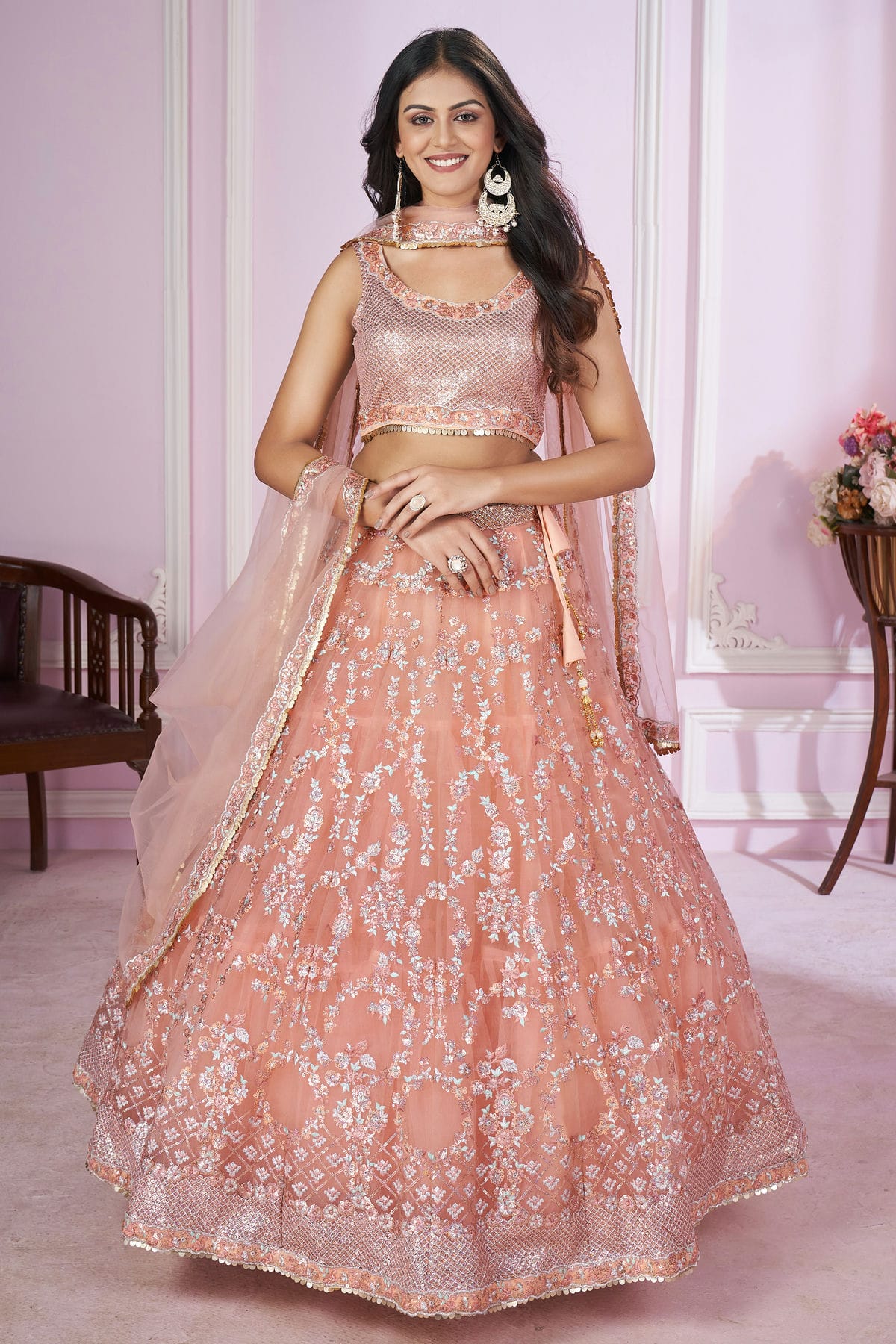 Peach Colour Soft Net Lehenga Choli