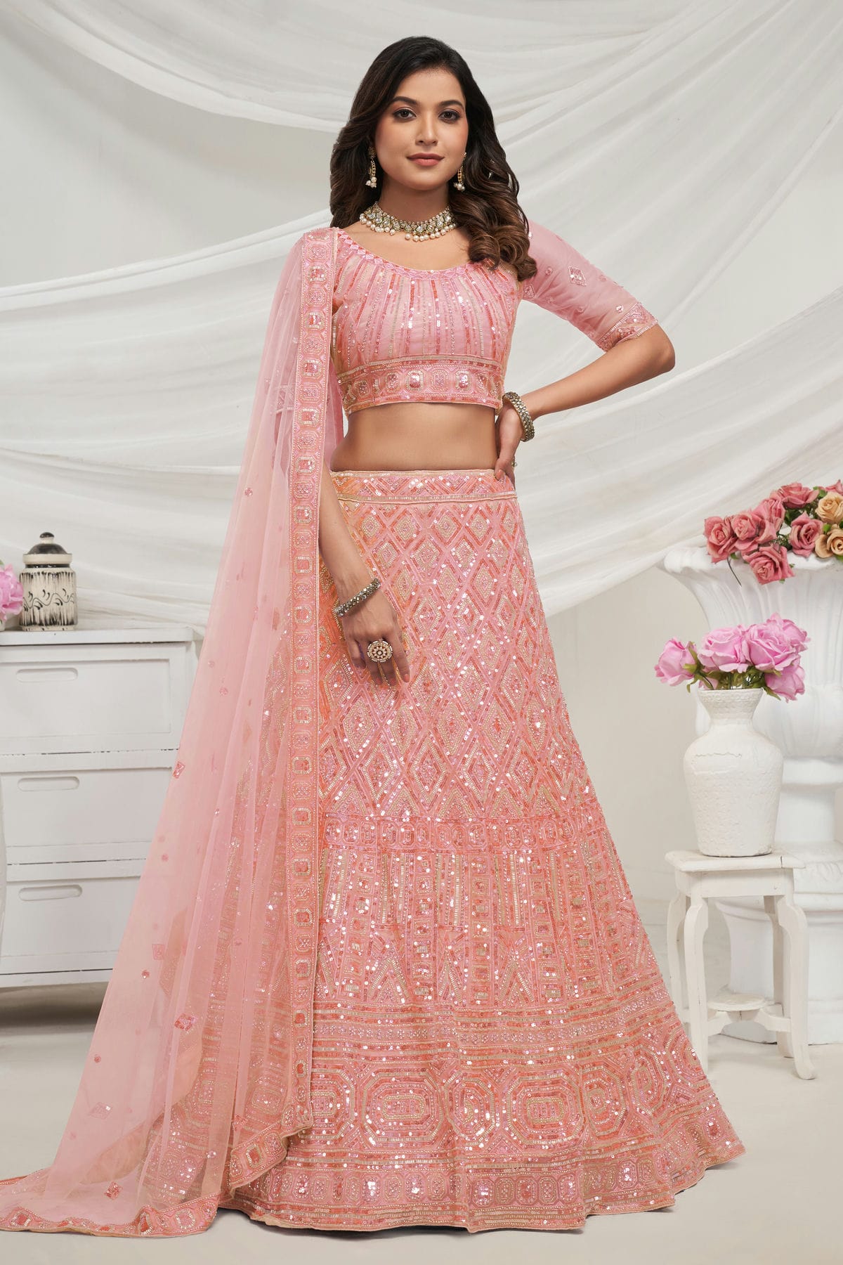 Peach Colour Soft Net Lehenga Choli