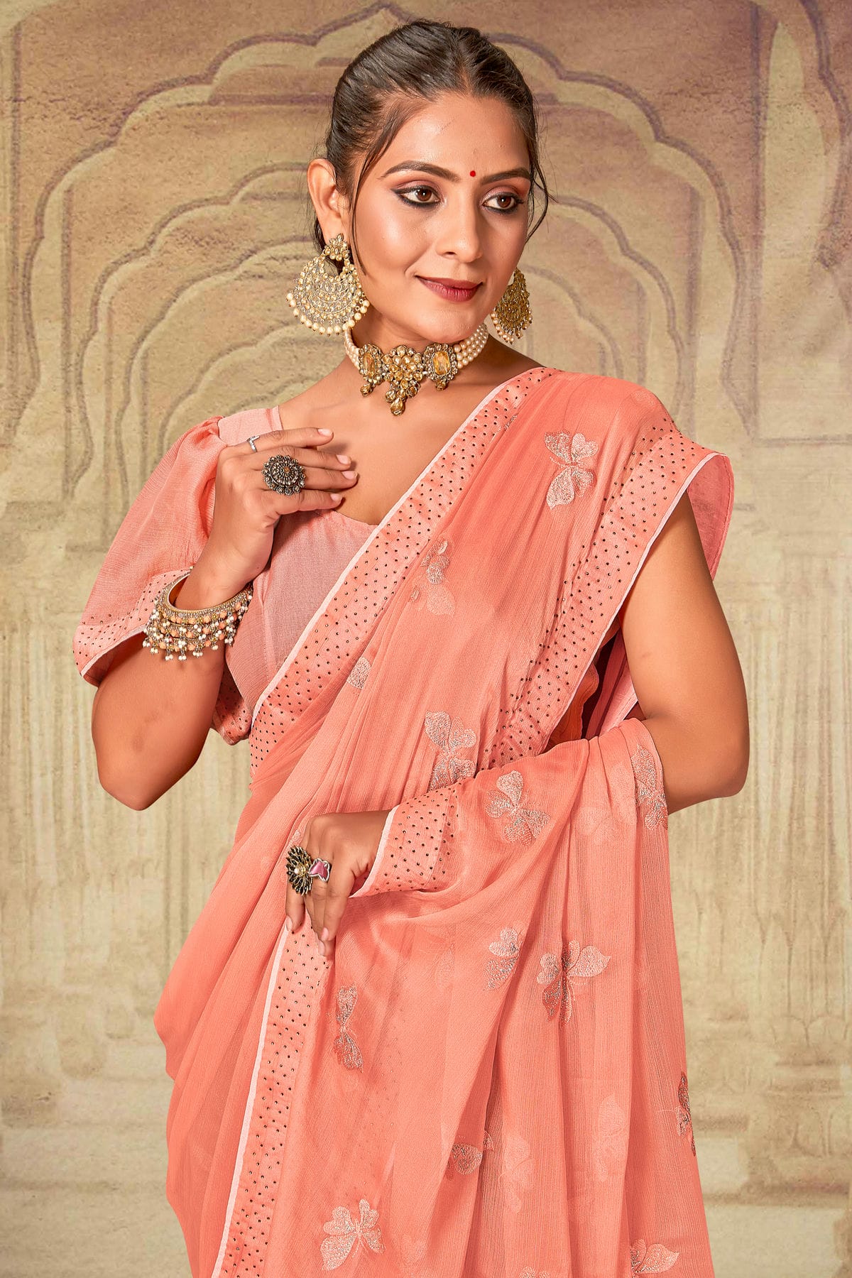 Peach Colour Soft Silk Chiffon Designer Saree