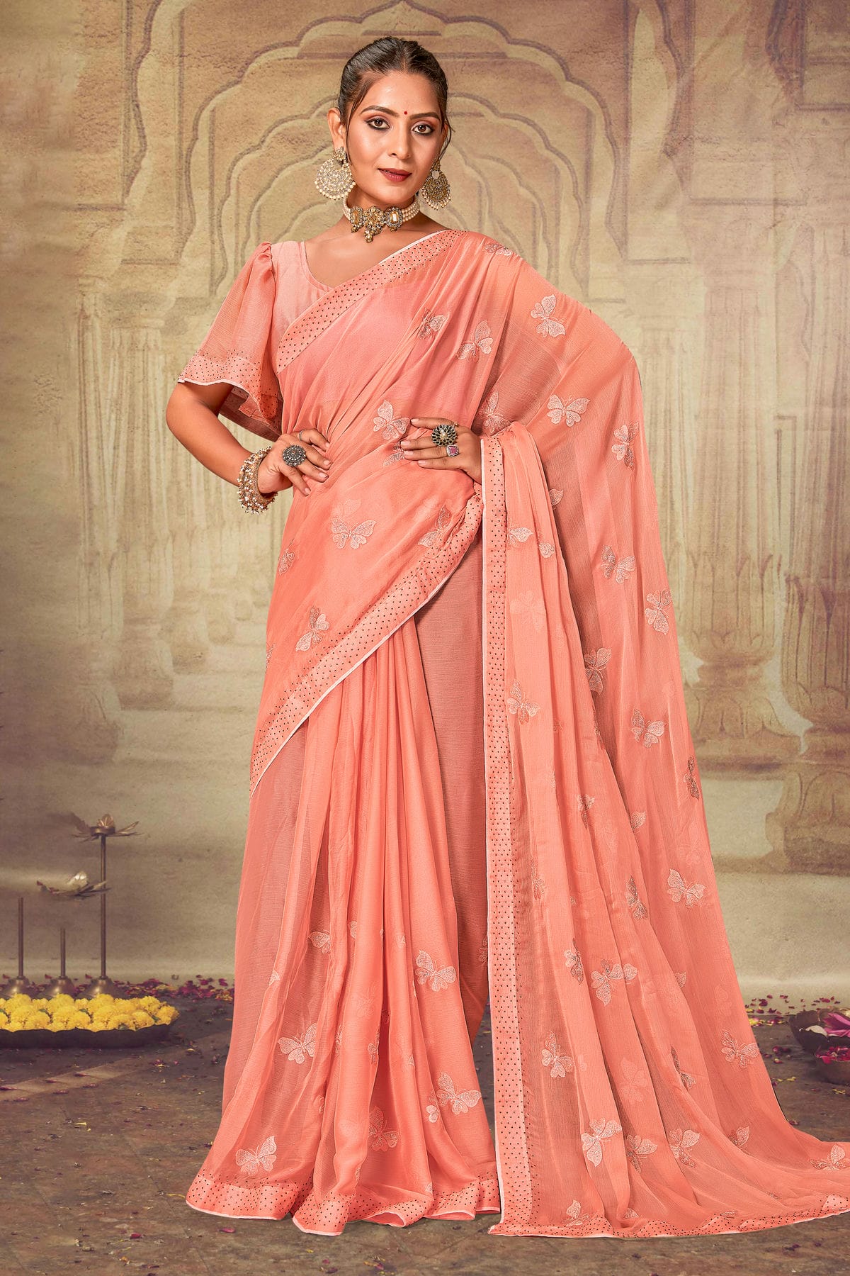 Peach Colour Soft Silk Chiffon Designer Saree