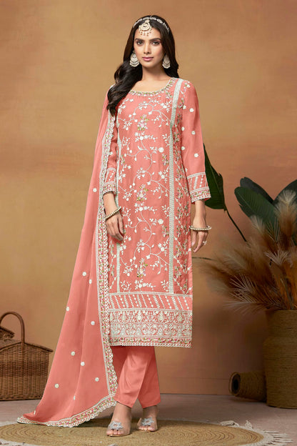 Peach Colour Straight Suit Soft Organza Semi Stitched