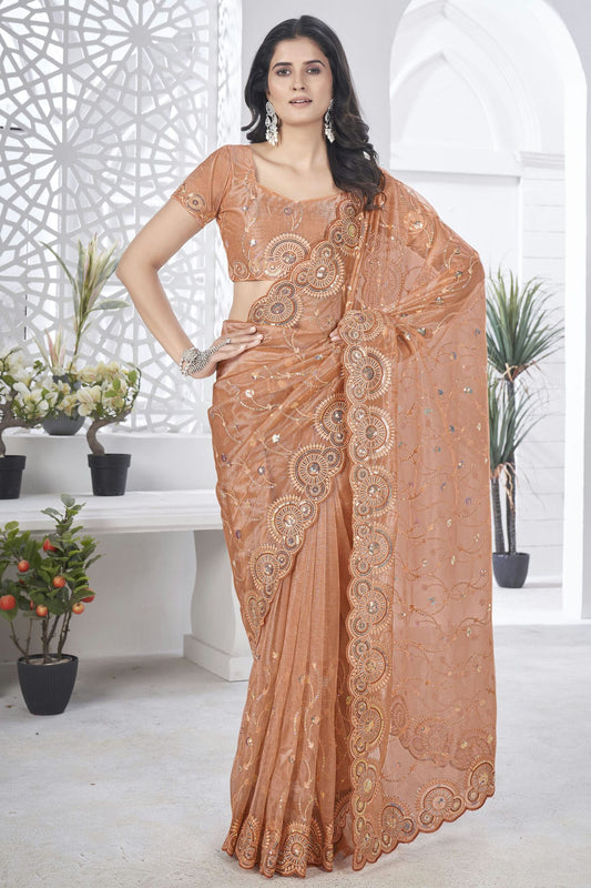 Peach-Colour-Tissue-Net-Designer-Saree-VSSD1112585