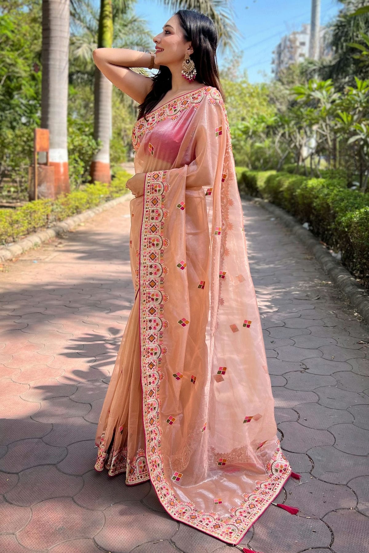 Peach Colour Tissue Silk Designer Saree