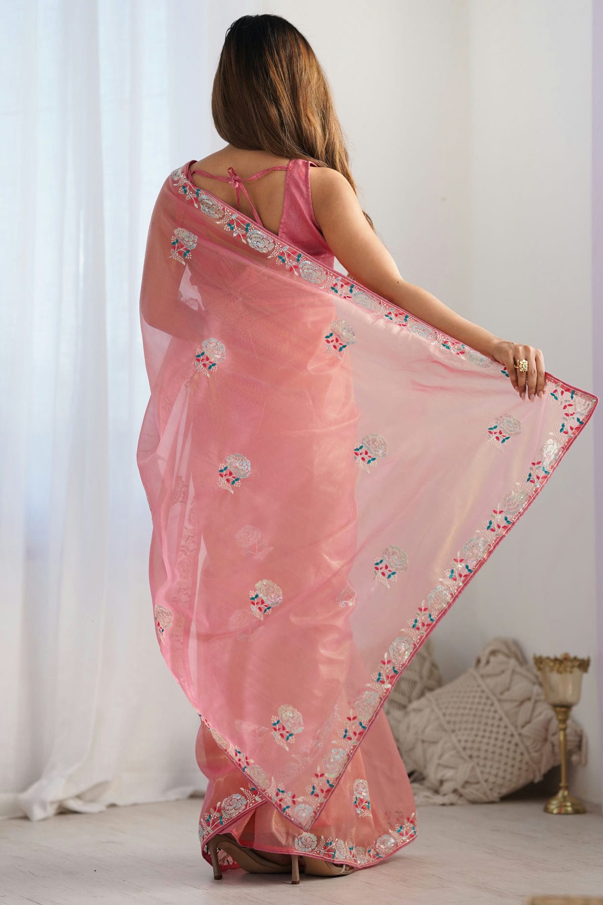 Peach Colour Twill Net Designer Saree