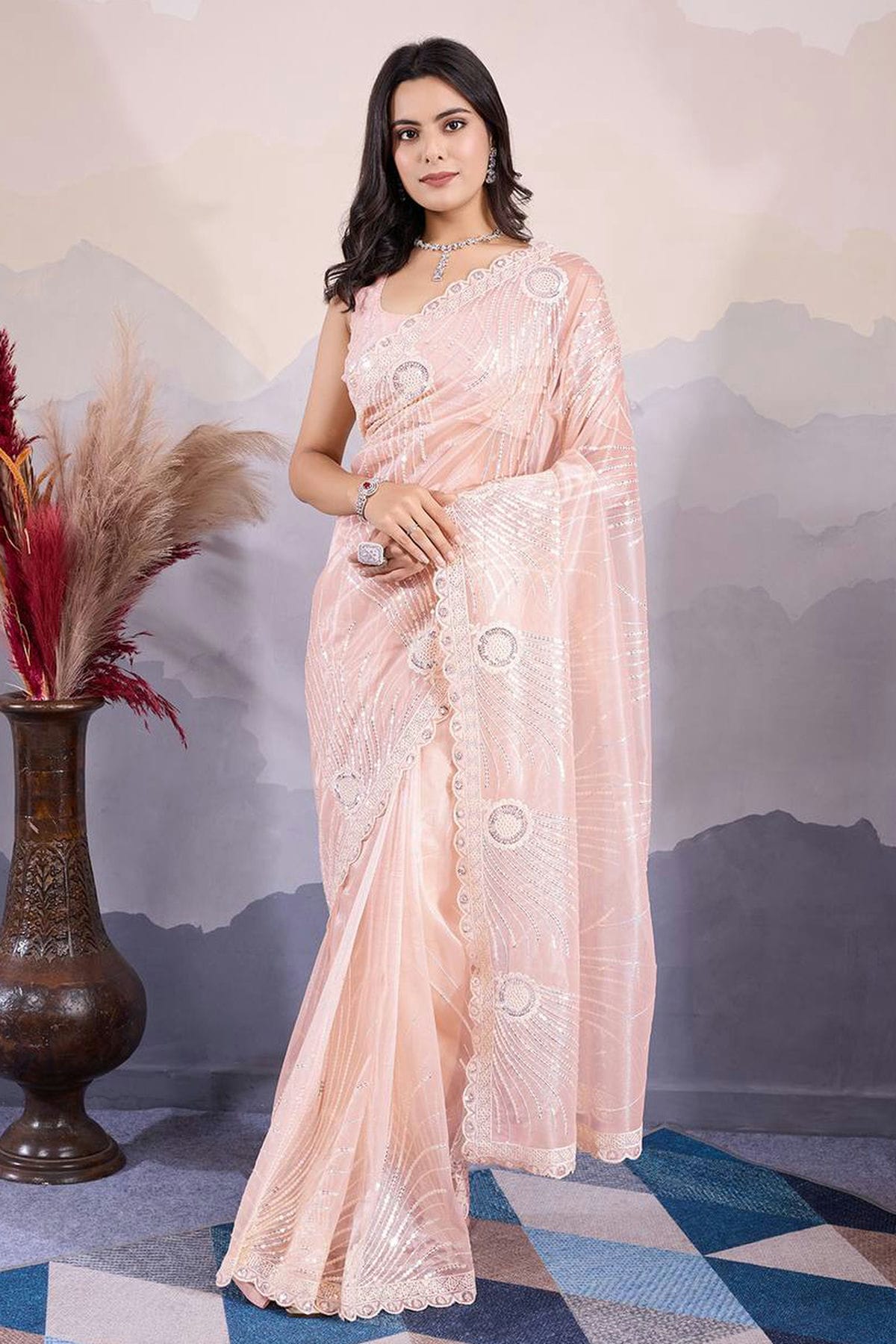 Peach Colour Twill Net Embroidery Work Saree