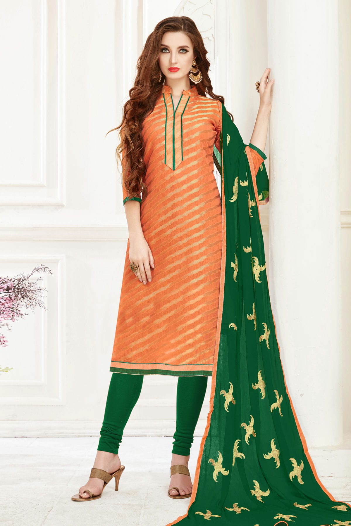 Peach Colour Unstitched Banarasi Jacquard Churidar Suit