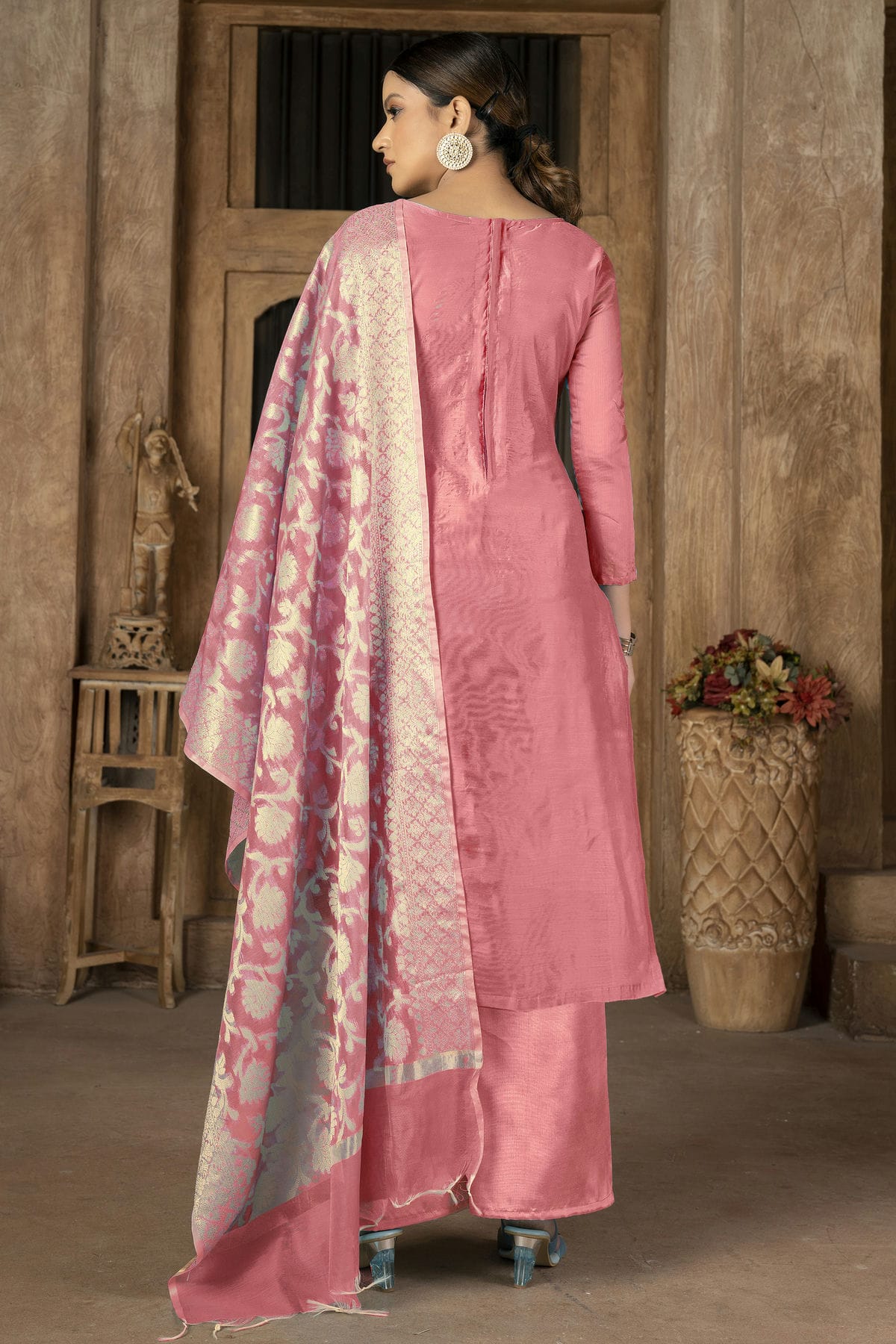 Peach Colour Unstitched Banarasi Jacquard Palazoo Pant Suit